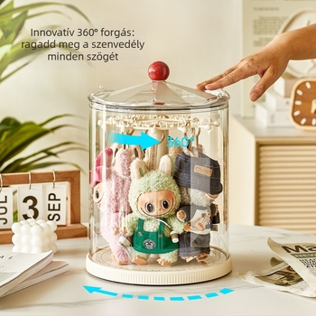 Plüss figura tároló doboz – fedett, rakható kiállítási doboz PET műanyagból, 18L kapacitás, logónyomtatás lehetséges