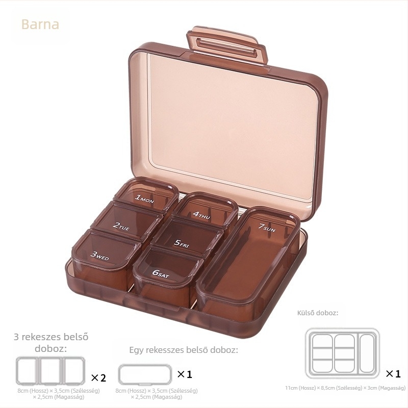 PP műanyag gyógyszeres doboz, heti rendező 7/9 rekesszel, lehajtható fedél, porálló, hordozható, logó nyomtatás lehetősége