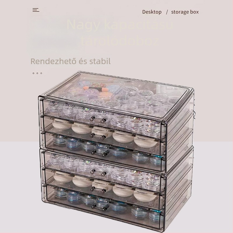 Manikűr eszközök tároló asztali doboz, több fakkal, PS műanyagból, modell 0-19, 1 L kapacitás, 24 darabos készlet, modern minimalist design