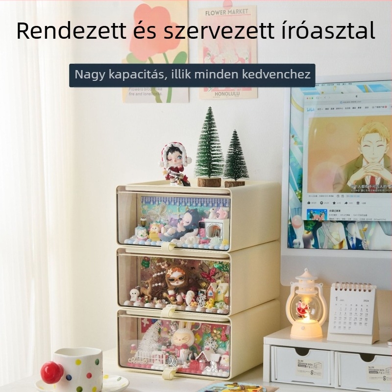Porálló asztali tárolóedény PS+PET műanyagból, 12 L kapacitás, rekeszekkel, egymásra tehető, 8 darab készlet