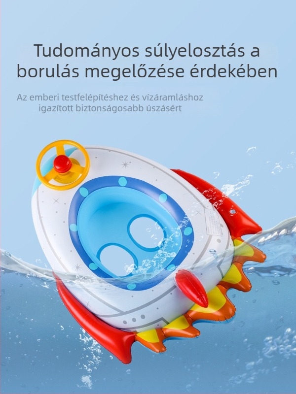 Gyerekeknek készült felfújható úszókör rakéta alakú kormánykerékkel, erősített PVC, nyomtatott minta, úszásra és pancsolásra