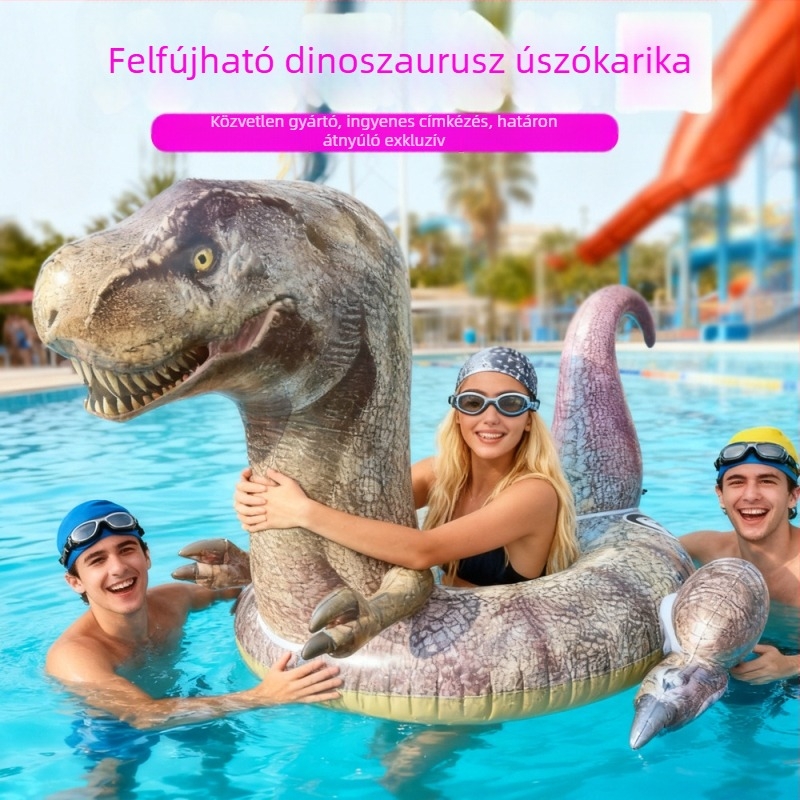 T-Rex felfújható úszógumi, nagy méretű, élethű dinoszaurusz dizájn, felnőtteknek, szabadtéri medencében