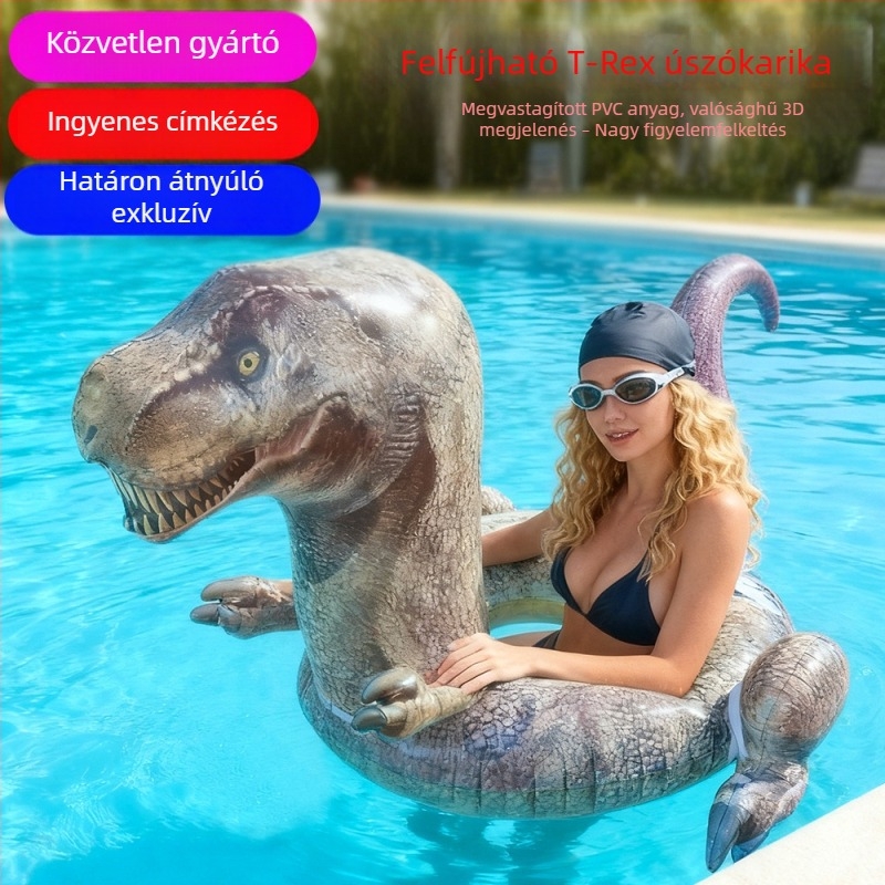 T-Rex felfújható úszógumi, nagy méretű, élethű dinoszaurusz dizájn, felnőtteknek, szabadtéri medencében