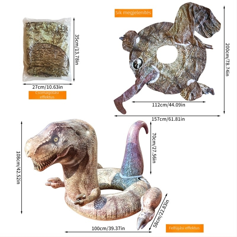 T-Rex felfújható úszógumi, nagy méretű, élethű dinoszaurusz dizájn, felnőtteknek, szabadtéri medencében