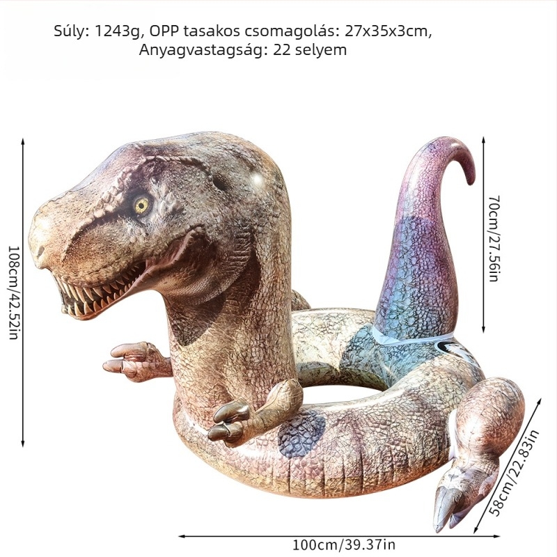 T-Rex felfújható úszógumi, nagy méretű, élethű dinoszaurusz dizájn, felnőtteknek, szabadtéri medencében