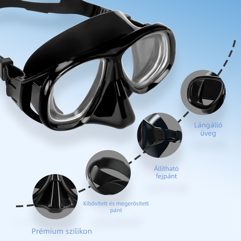 Wave Átlátszó szilikon búvár szemüveg edzett üveg lencsékkel, anti-fog, fejhez illeszkedő szilikon fejpánttal