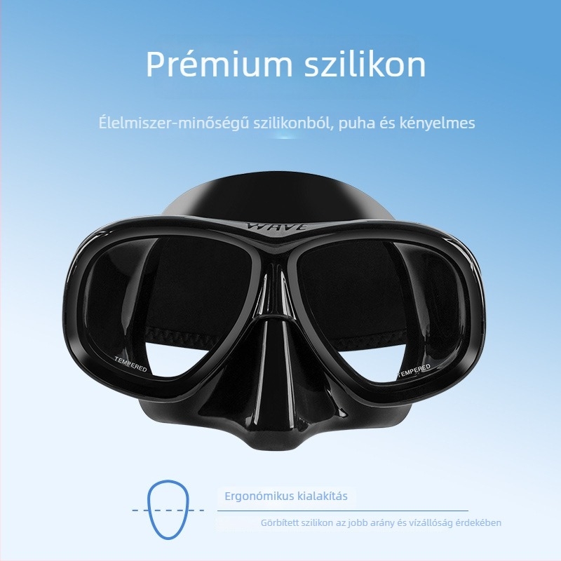 Wave Átlátszó szilikon búvár szemüveg edzett üveg lencsékkel, anti-fog, fejhez illeszkedő szilikon fejpánttal