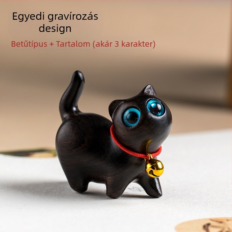 Fából készült autó dísz, kézzel faragott kiscica figurája autó dekorációhoz