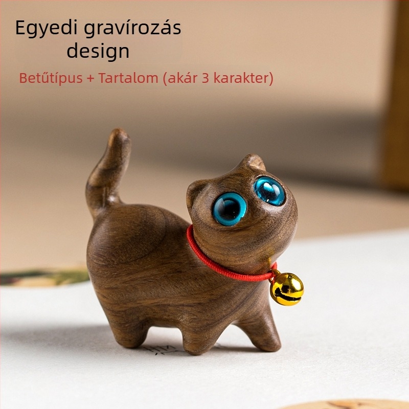 Fából készült autó dísz, kézzel faragott kiscica figurája autó dekorációhoz