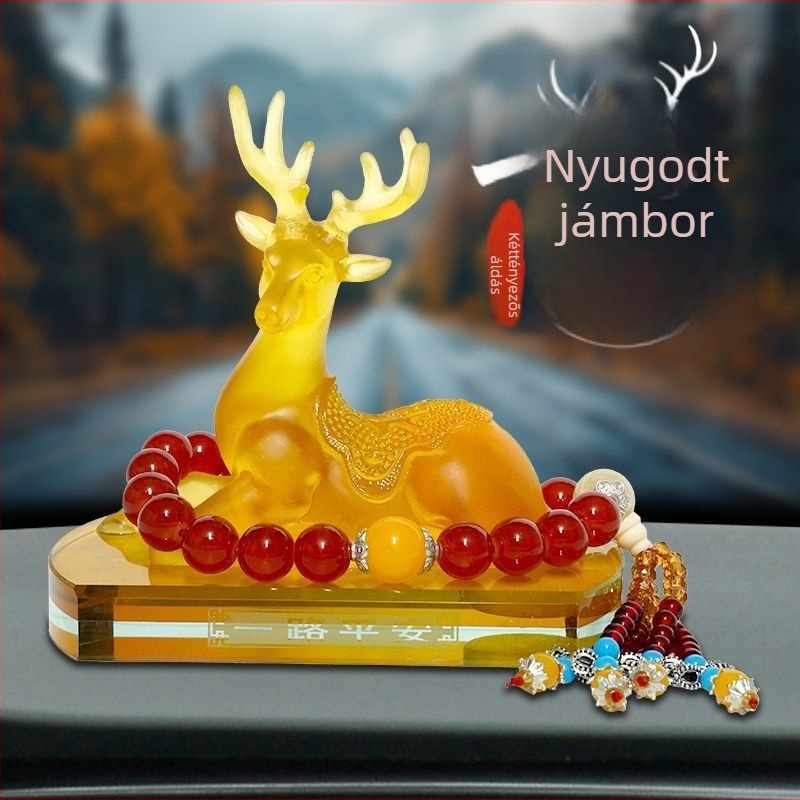 Autó műszerfal-dísz szarvas motívummal, gyantából, rajzfilmszerű stílus, illathordozó belső dekoráció