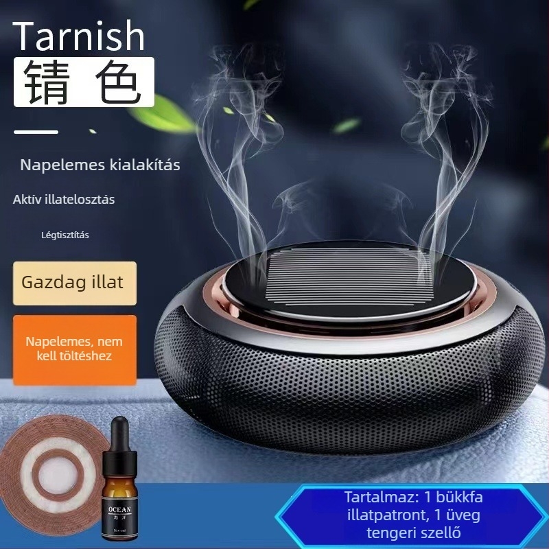Autóillató és aromaterápia – napelemes forgó illatosító a középkonzolhoz, Osmanthus illat, fém tartó, 5–10 ml, 31–60 nap