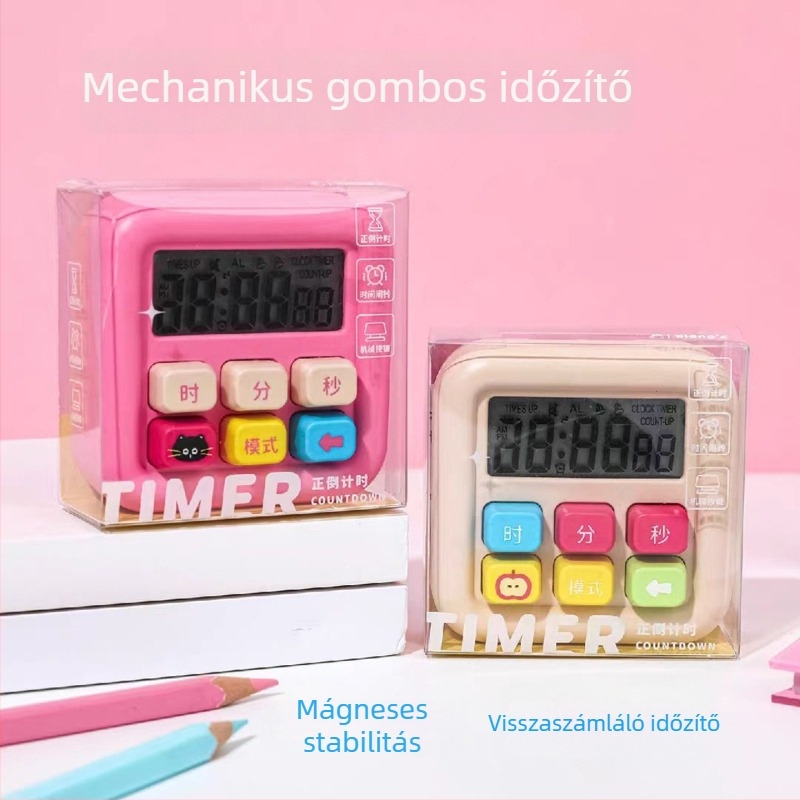 Asztali és konyhai időzítő mechanikus mozgással, LCD kijelző, ABS ház, téglalap alakú kialakítás, automata mechanizmus