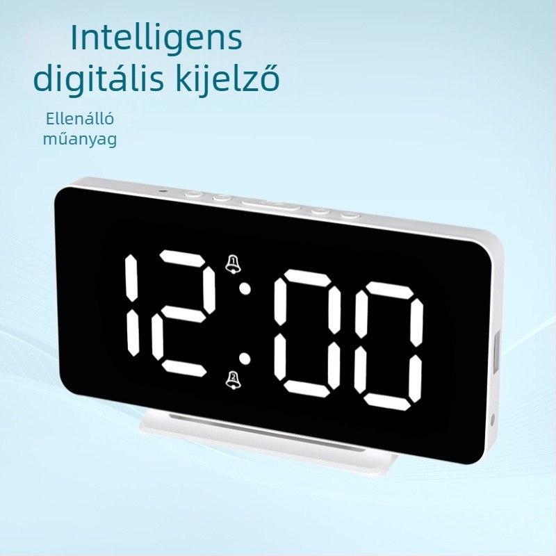 LED digitális asztali óra hőmérővel, naptárral és a hét nap kijelzőjével; téglalap alakú, egyoldalas; külső tápegység.