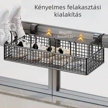 Falaszerelhető, több emeletes cipőállvány függő kosárral és védőkorláttal, fúrás nélküli telepítés