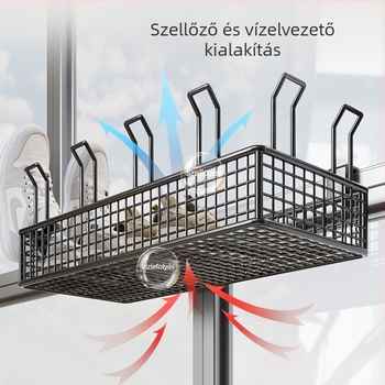 Falaszerelhető, több emeletes cipőállvány függő kosárral és védőkorláttal, fúrás nélküli telepítés