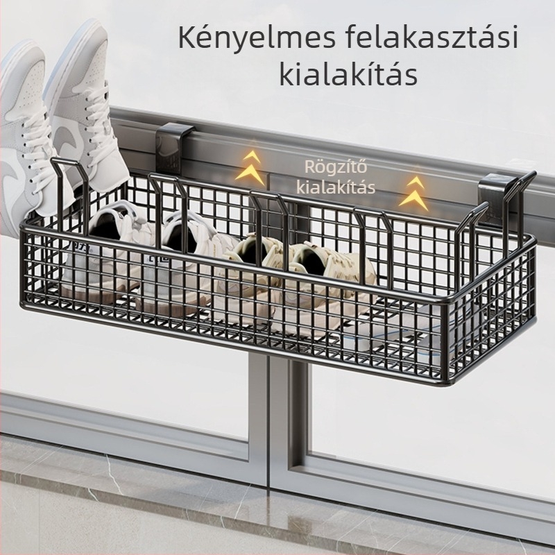 Falaszerelhető, több emeletes cipőállvány függő kosárral és védőkorláttal, fúrás nélküli telepítés