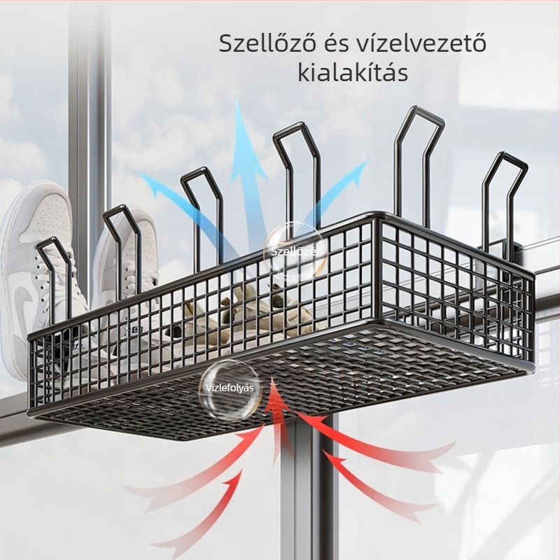 Falaszerelhető, több emeletes cipőállvány függő kosárral és védőkorláttal, fúrás nélküli telepítés