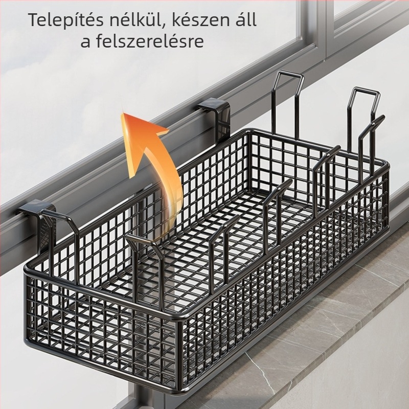 Falaszerelhető, több emeletes cipőállvány függő kosárral és védőkorláttal, fúrás nélküli telepítés