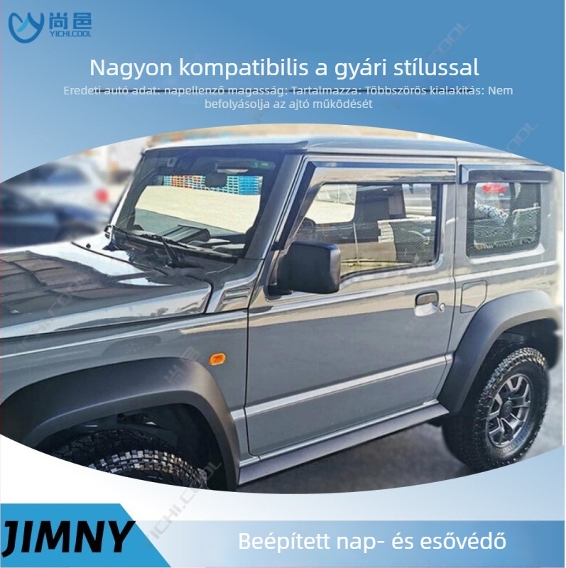 Suzuki Jimny esővédő ablak 2007-2023, 3- és 5-ajtós modellekhez; Anyag: akril/PS/PC; Telepítés: öntapadós vagy csatornába illeszthető; Feldolgozás: injekció/bliszter