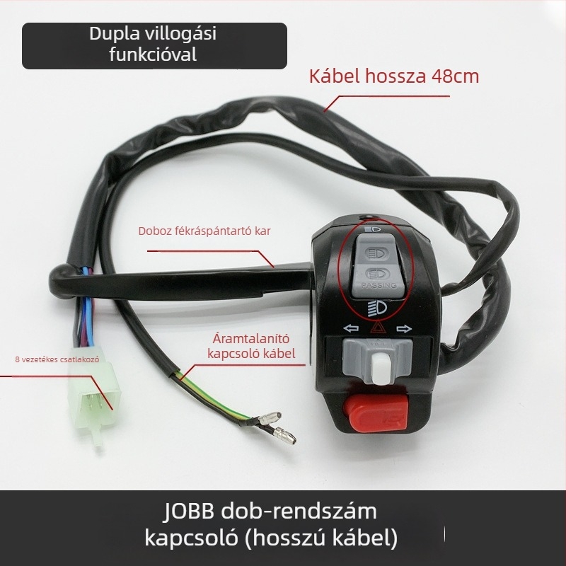 Elektromos motorkerékpár kormánykapcsolóval: vészjelzőfények, fényszóró-vezérlés, bal és jobb indexek és kürt