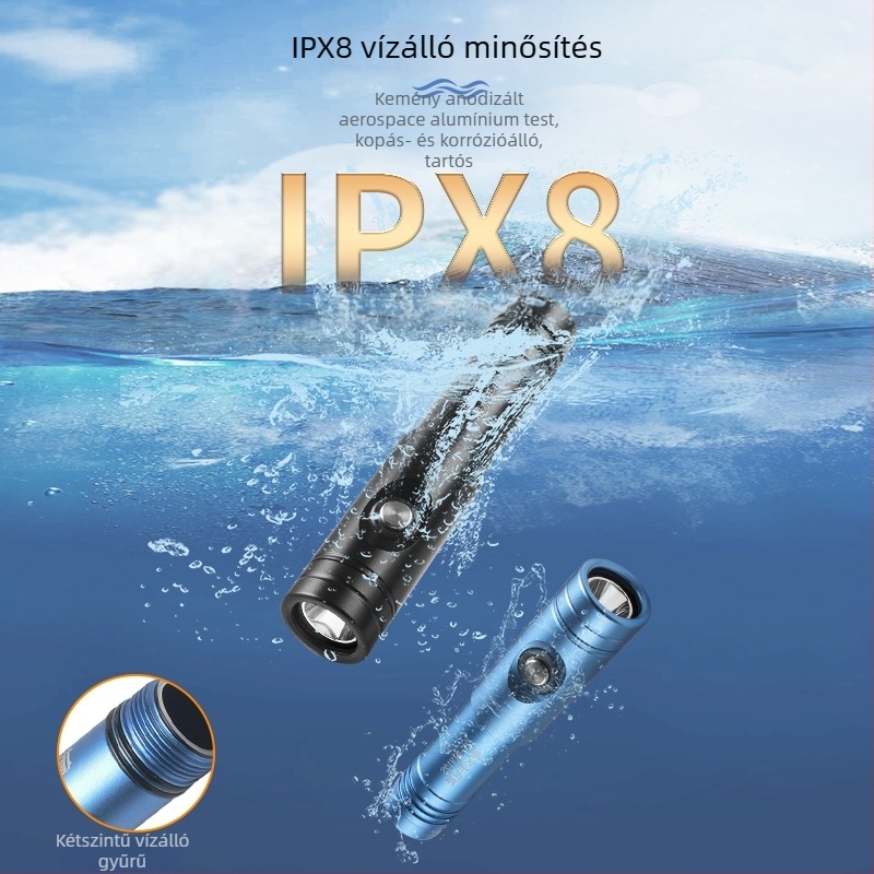 Búvárkodáshoz tervezett LED-es zseblámpa, ultra-fényes, vízálló, újratölthető, mélymerülésekhez és száraz/tengeri használathoz