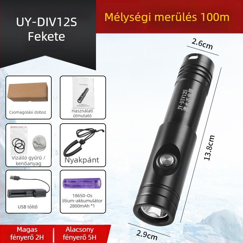 Búvárkodáshoz tervezett LED-es zseblámpa, ultra-fényes, vízálló, újratölthető, mélymerülésekhez és száraz/tengeri használathoz