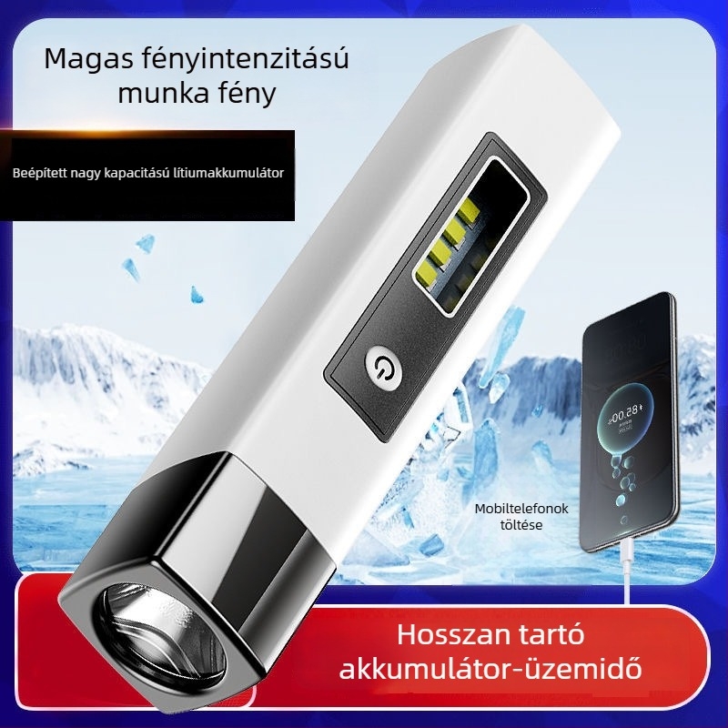 Multifunkciós zseblámpa vészhelyzeti töltéssel és oldalsó világítással, USB töltés; LED, 800 mAh, 3.7 V, kézi töltés, hatótáv 200–500 m