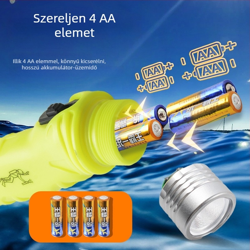 3W LED akkumulátoros búvár- és amfíbiós zseblámpa, 200–500 m hatótávolsággal, kültéri éjszakai használatra, nyomógombos működtetéssel