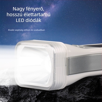 LED zseblámpa – vízálló, hordozható, többfunkciós; napelemes és kézi töltés; 0.7 W; LED fényforrás; 400 mAh akkumulátor; hatótávolság 100–200 m