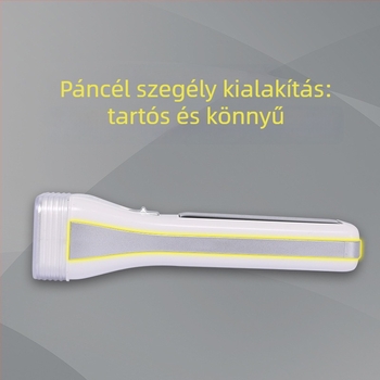 LED zseblámpa – vízálló, hordozható, többfunkciós; napelemes és kézi töltés; 0.7 W; LED fényforrás; 400 mAh akkumulátor; hatótávolság 100–200 m