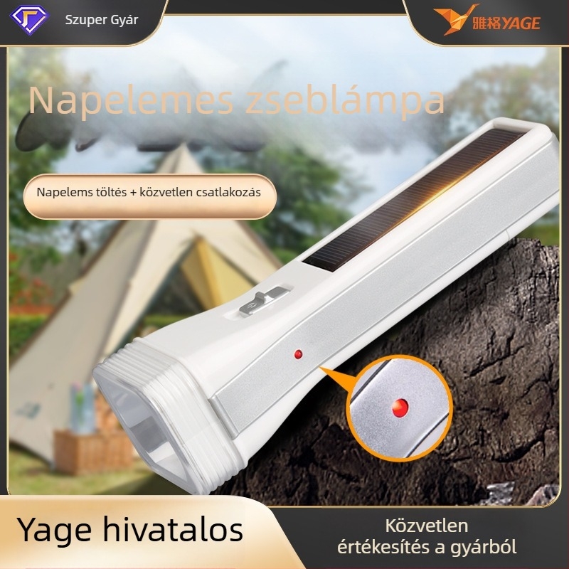 LED zseblámpa – vízálló, hordozható, többfunkciós; napelemes és kézi töltés; 0.7 W; LED fényforrás; 400 mAh akkumulátor; hatótávolság 100–200 m