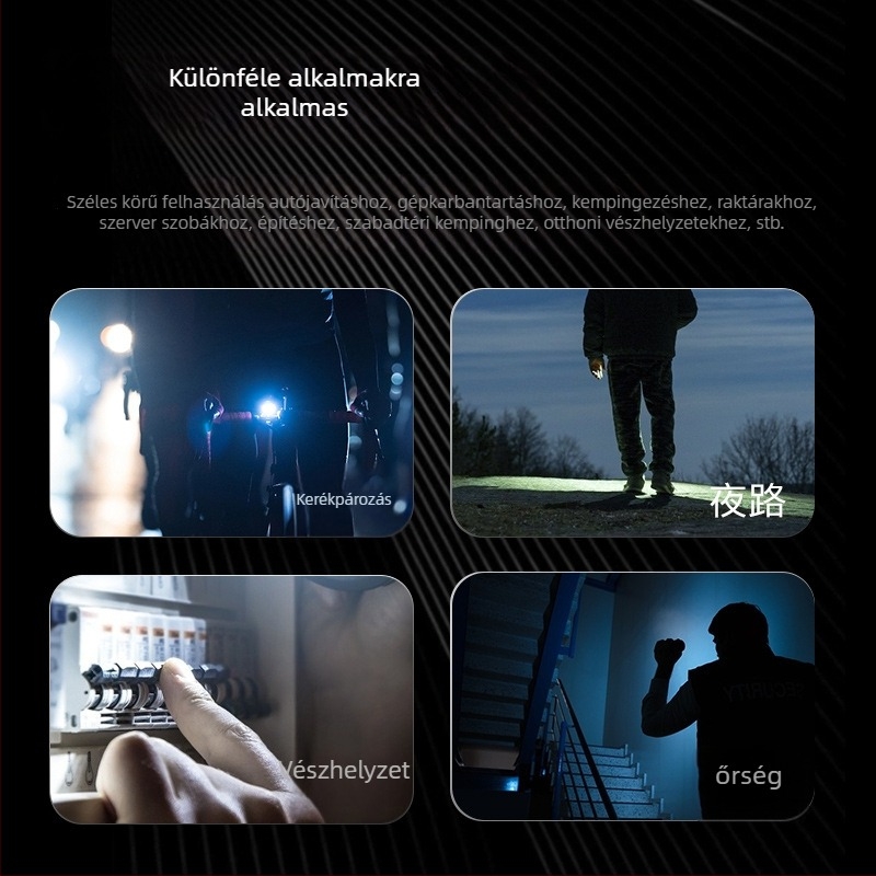 LED zseblámpa – vízálló, hordozható, többfunkciós; napelemes és kézi töltés; 0.7 W; LED fényforrás; 400 mAh akkumulátor; hatótávolság 100–200 m