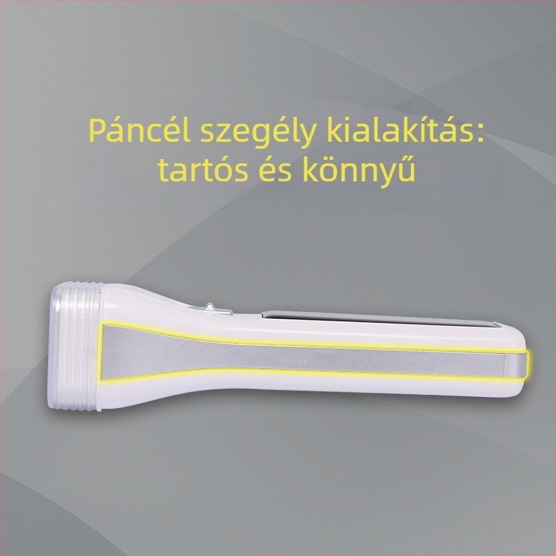 LED zseblámpa – vízálló, hordozható, többfunkciós; napelemes és kézi töltés; 0.7 W; LED fényforrás; 400 mAh akkumulátor; hatótávolság 100–200 m