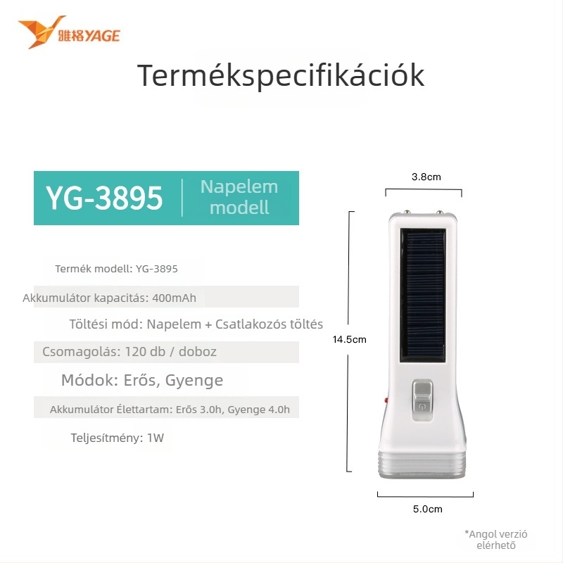 LED zseblámpa – vízálló, hordozható, többfunkciós; napelemes és kézi töltés; 0.7 W; LED fényforrás; 400 mAh akkumulátor; hatótávolság 100–200 m