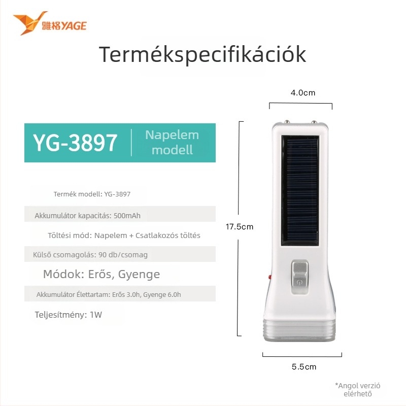 LED zseblámpa – vízálló, hordozható, többfunkciós; napelemes és kézi töltés; 0.7 W; LED fényforrás; 400 mAh akkumulátor; hatótávolság 100–200 m