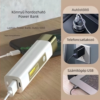 LED zseblámpa kézi forgatással és beépített power bankkal, vízálló, oldalsó világítás, 3.7V, 800 mAh, hatótávolság 200–500 m