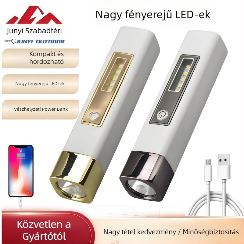 LED zseblámpa kézi forgatással és beépített power bankkal, vízálló, oldalsó világítás, 3.7V, 800 mAh, hatótávolság 200–500 m