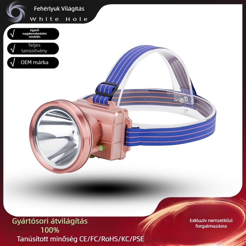 LED fejlámpa: 20W, 200–500 m hatótáv, 360° forgás, újratölthető, vízálló