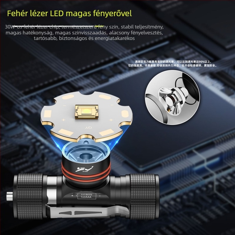 Búvár fejlámpa LED lézerrel, 30W, újratölthető, mágneses kapcsoló
