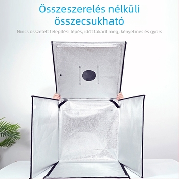 Kis fotóstúdió összecsukható LED fénydobozzal, fémkeret és reflektív anyaggal, 80×80 cm kijelző, 5600K, 100–240V.