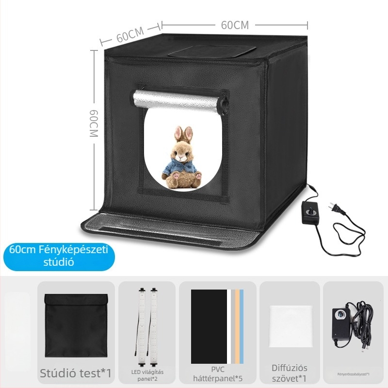 Kis fotóstúdió összecsukható LED fénydobozzal, fémkeret és reflektív anyaggal, 80×80 cm kijelző, 5600K, 100–240V.