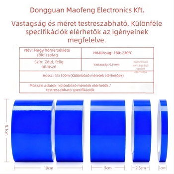 CNC Ipari PET Magas Hőmérsékletű Maszkoló Szalag, Kétoldalas, Silikon Ragasztóval, Hosszú távú Hőállóság 180°C, Rövid távú Hőállóság 260°C
