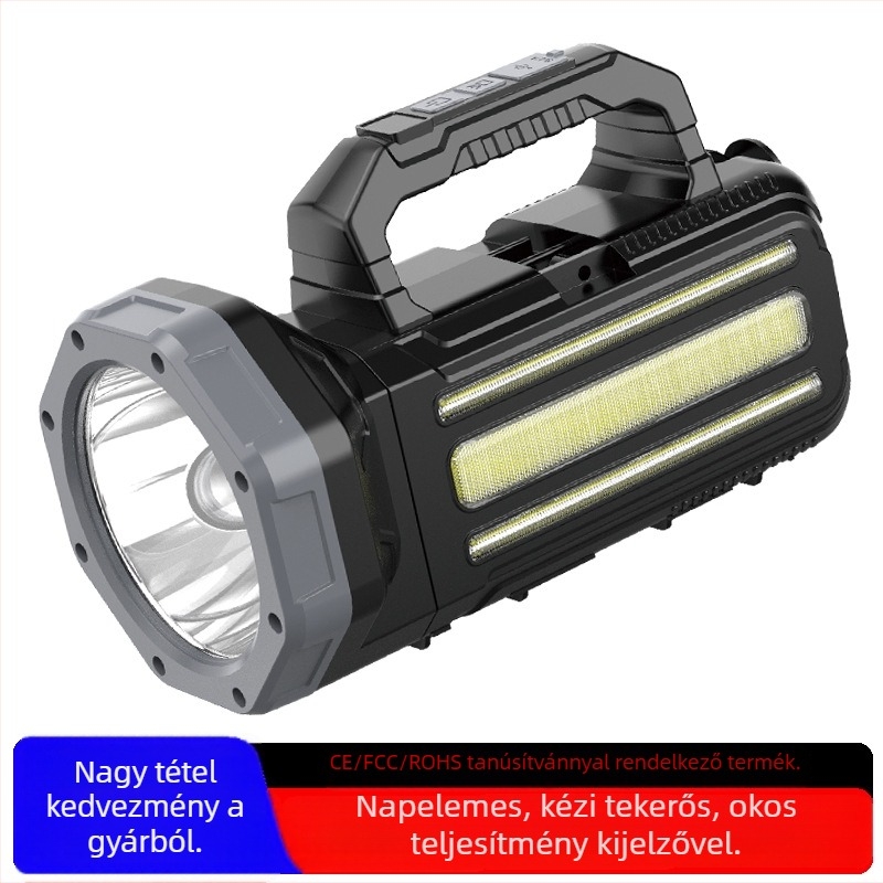 Napelemes LED elemlámpa, 2400mAh, 10W, LED fény, hatótávolság 100–200 m, többfunkciós