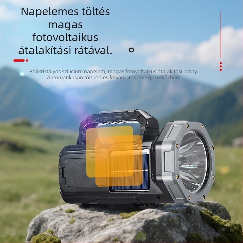 Napelemes LED elemlámpa, 2400mAh, 10W, LED fény, hatótávolság 100–200 m, többfunkciós