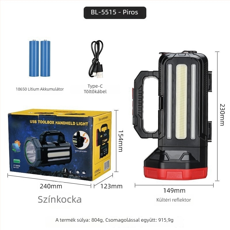 Napelemes LED elemlámpa, 2400mAh, 10W, LED fény, hatótávolság 100–200 m, többfunkciós