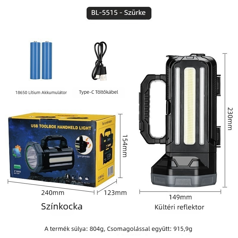Napelemes LED elemlámpa, 2400mAh, 10W, LED fény, hatótávolság 100–200 m, többfunkciós
