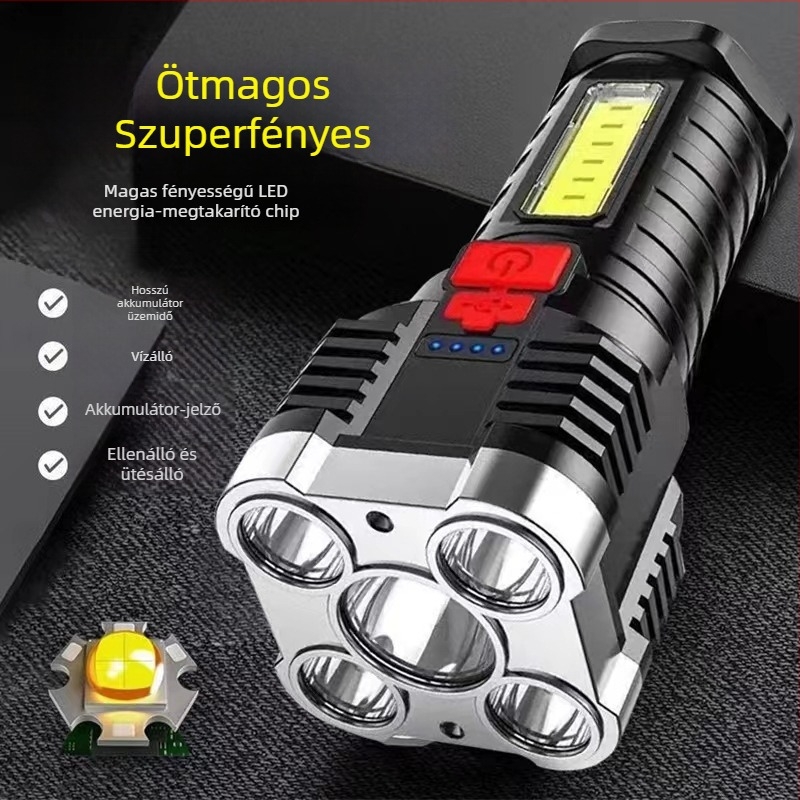 COB oldalirányú LED zseblámpa, 10W, USB újratöltés, kézi töltés, 50 m hatótávolság