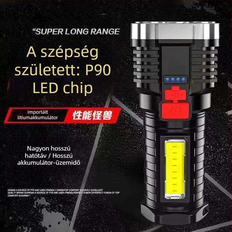 COB oldalirányú LED zseblámpa, 10W, USB újratöltés, kézi töltés, 50 m hatótávolság