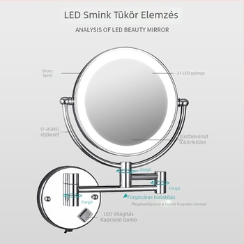Anju Hajtható fürdőszobai tükör, kétoldalas, falra szerelhető, kinyújtható, fémkeret