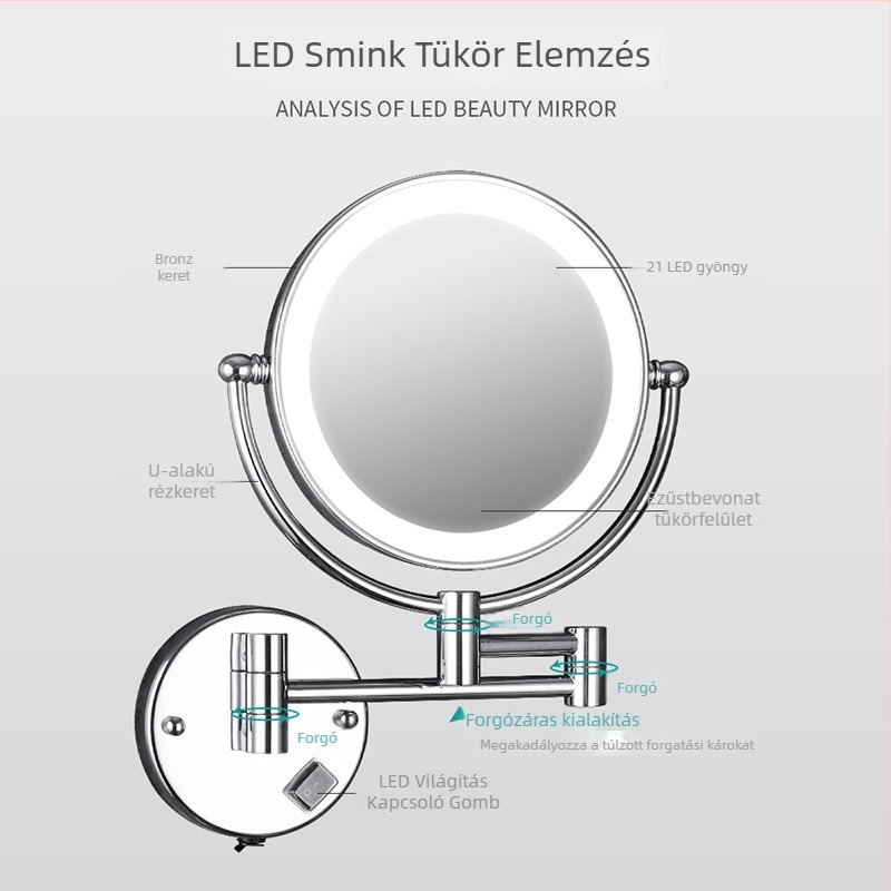 Anju Hajtható fürdőszobai tükör, kétoldalas, falra szerelhető, kinyújtható, fémkeret